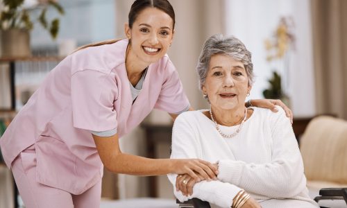 Women, senior or wheelchair support in nursing home, house living room or wellness rehabilitation c.