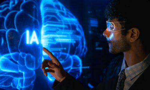 Business professional using futuristic smart glasses to interact with a digital world map and global cloud network in a high technology office, demonstrating AI, data connectivity, and digital transformation