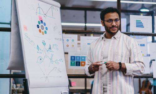 Positive bearded male employee in casual shirt and eyeglasses standing near board with graphs and charts while working in modern office